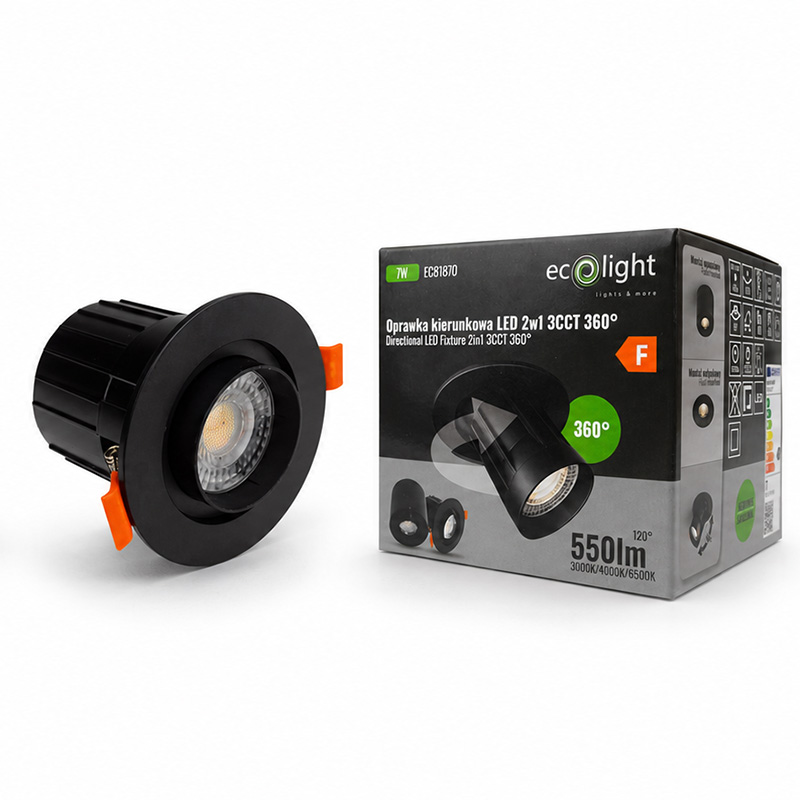 Oprawa kierunkowa LED 2w1 natynkowa/podtynkowa 7 W 550 lm regulowana barwa (CCT) czarna Eco Light EC61870