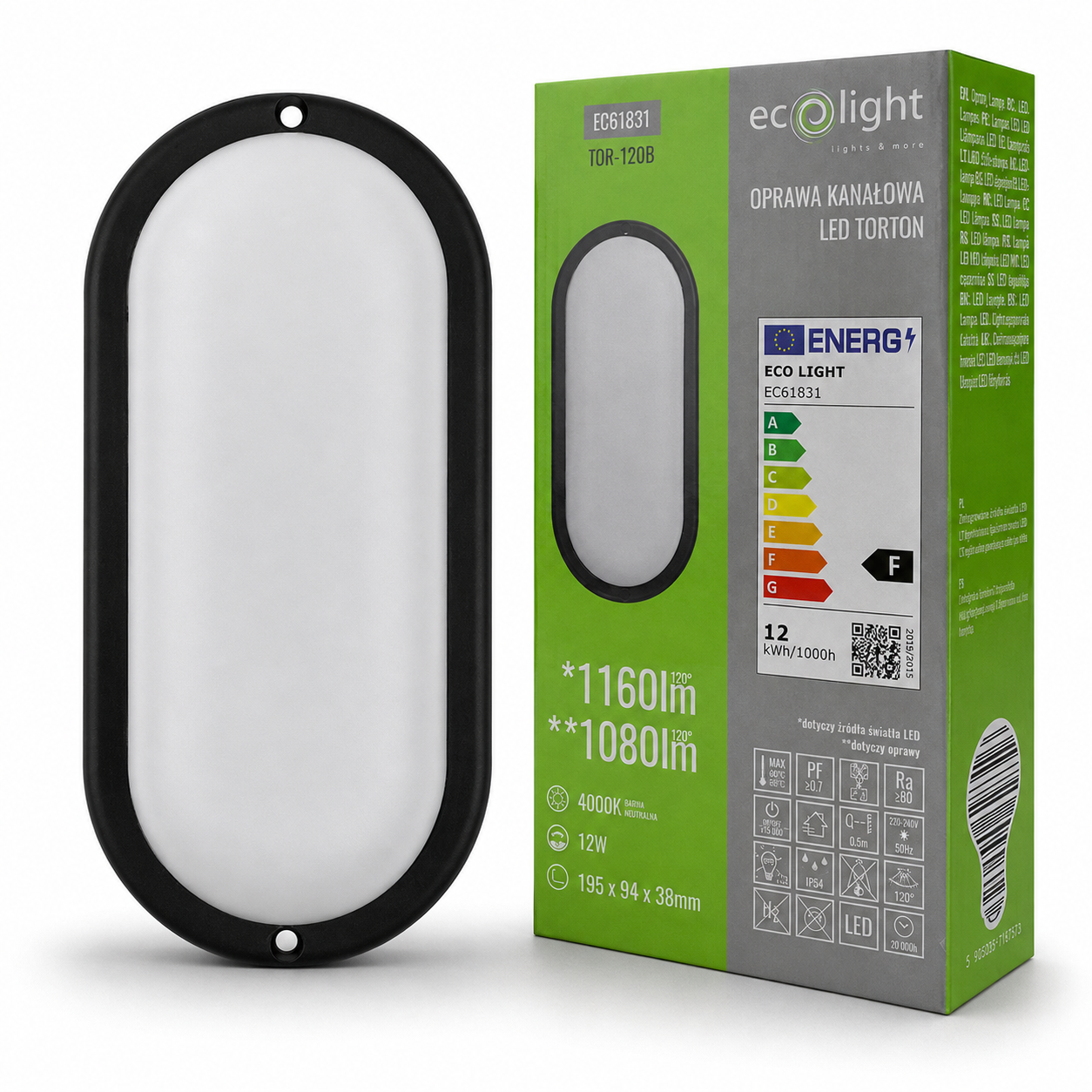 Oprawa LED Torton TOR-12OB owalna 12 W 4000K 1080 lm IP54 czarna Eco Light EC61831