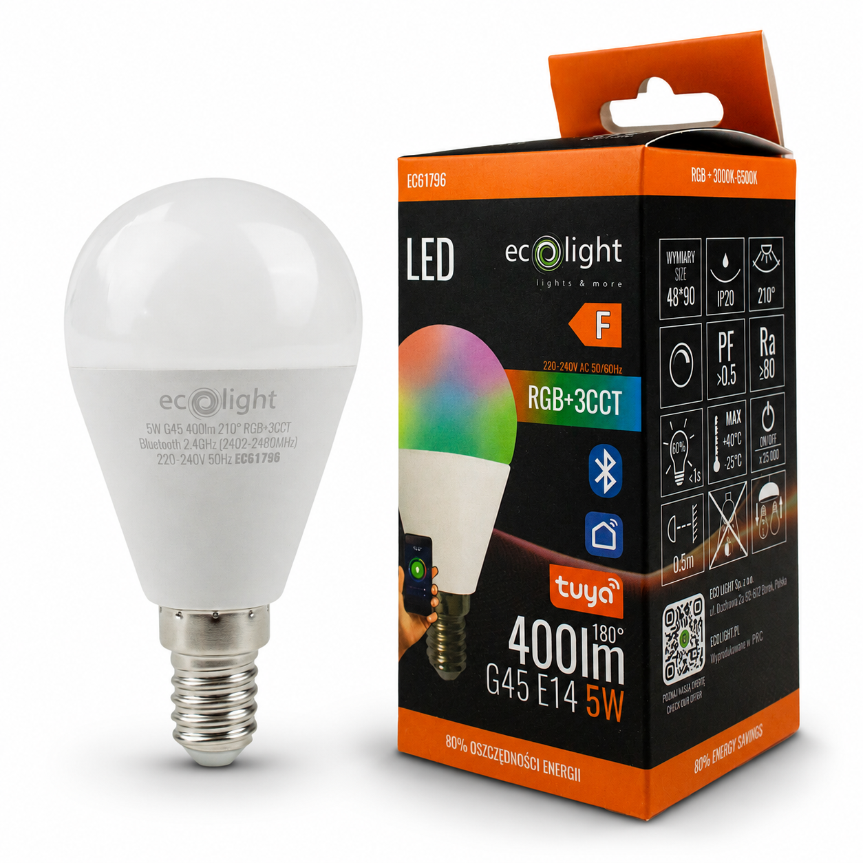 Żarówka LED smart G45 E14 5 W RGB+CCT 400 lm Bluetooth Tuya Eco Light EC61796