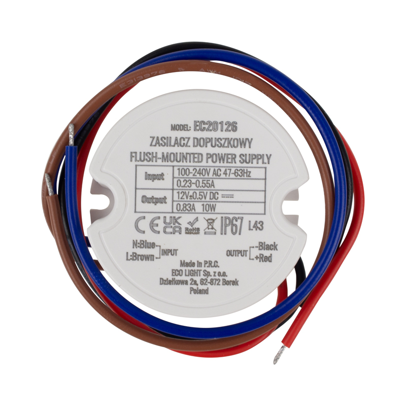 Zasilacz LED dopuszkowy fi60 10 W 12 V 0,83 A IP67 Eco Light EC20126