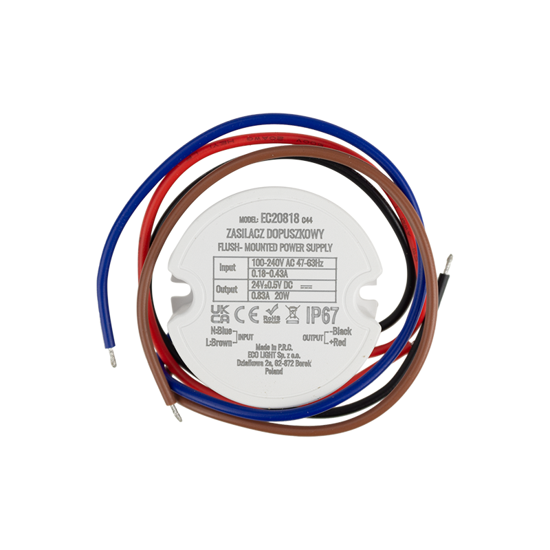 Zasilacz LED dopuszkowy fi60 20 W 24 V 0,8 A IP67 Eco Light EC20818