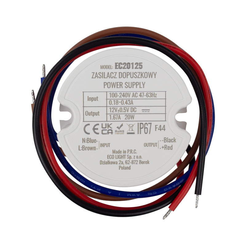 Zasilacz LED dopuszkowy fi60 20 W 12 V 1,67 A IP67 Eco Light EC20125