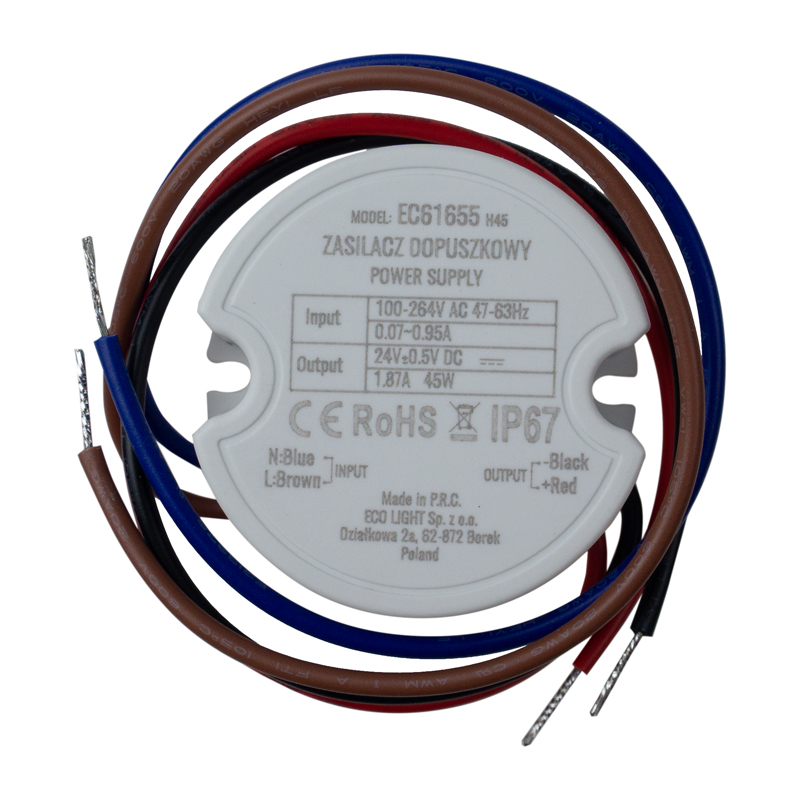 Zasilacz LED dopuszkowy fi60 45 W 24 V 1,87 A IP67 Eco Light EC61655