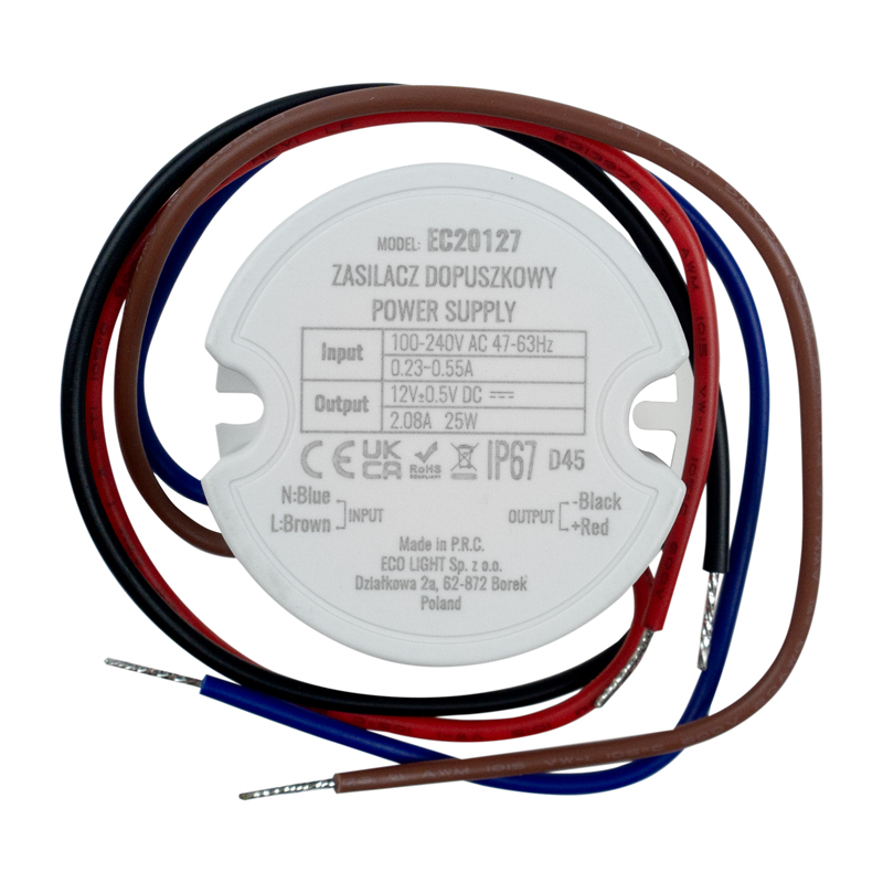Zasilacz LED dopuszkowy fi60 25 W 12 V 2,08 A IP67 Eco Light EC20127