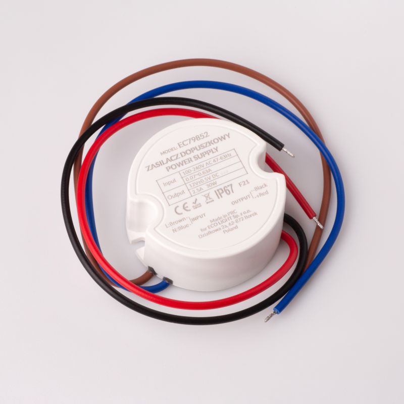 Zasilacz LED dopuszkowy fi60 30 W 12 V 2,5 A IP67 Eco Light EC79852