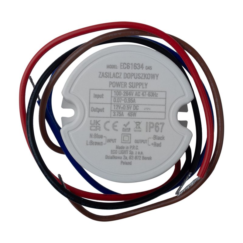 Zasilacz LED dopuszkowy fi60 45 W 12 V 3,75 A IP67 Eco Light EC61634