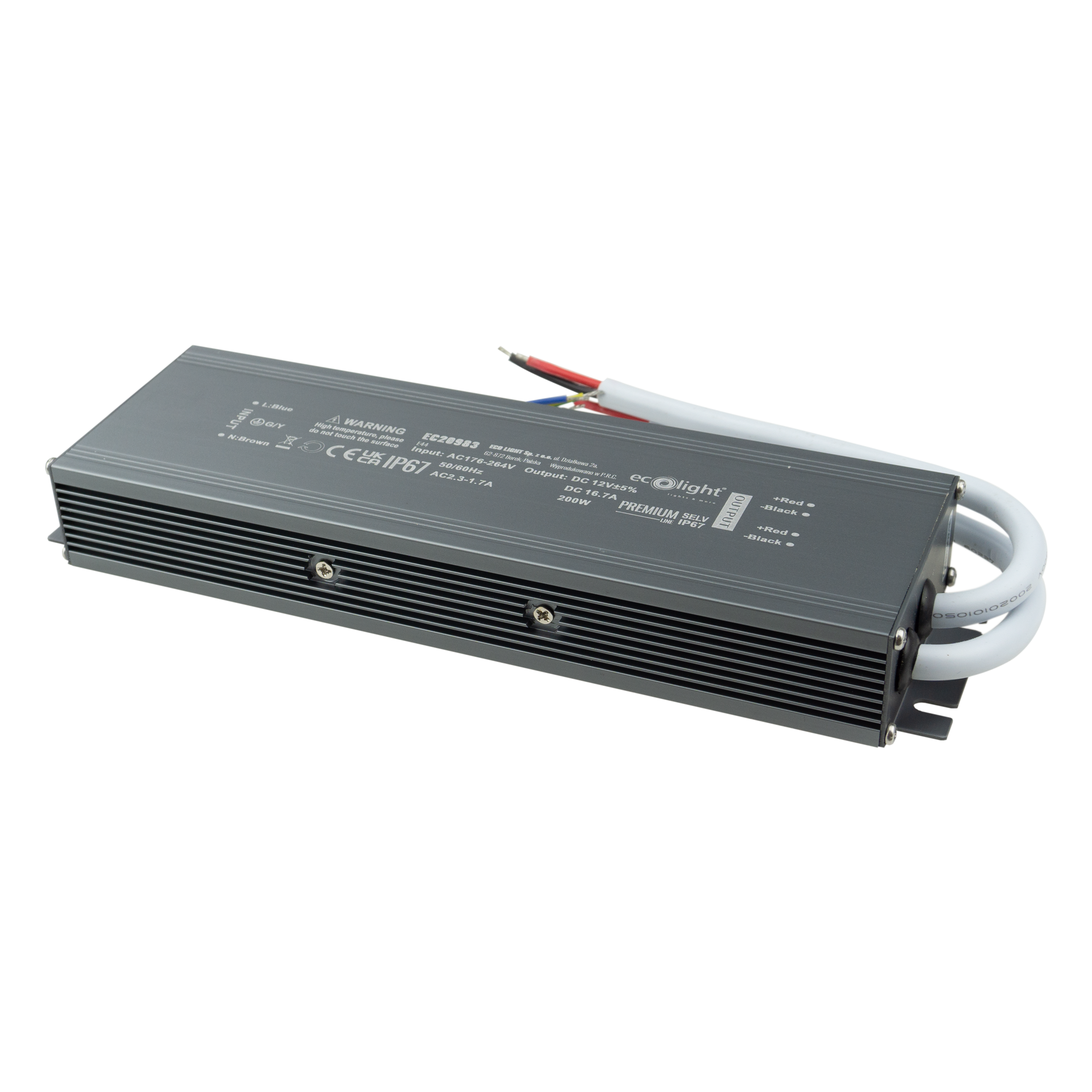 Zasilacz LED hermetyczny PREMIUM 200 W 12 V IP67 Eco Light EC20983
