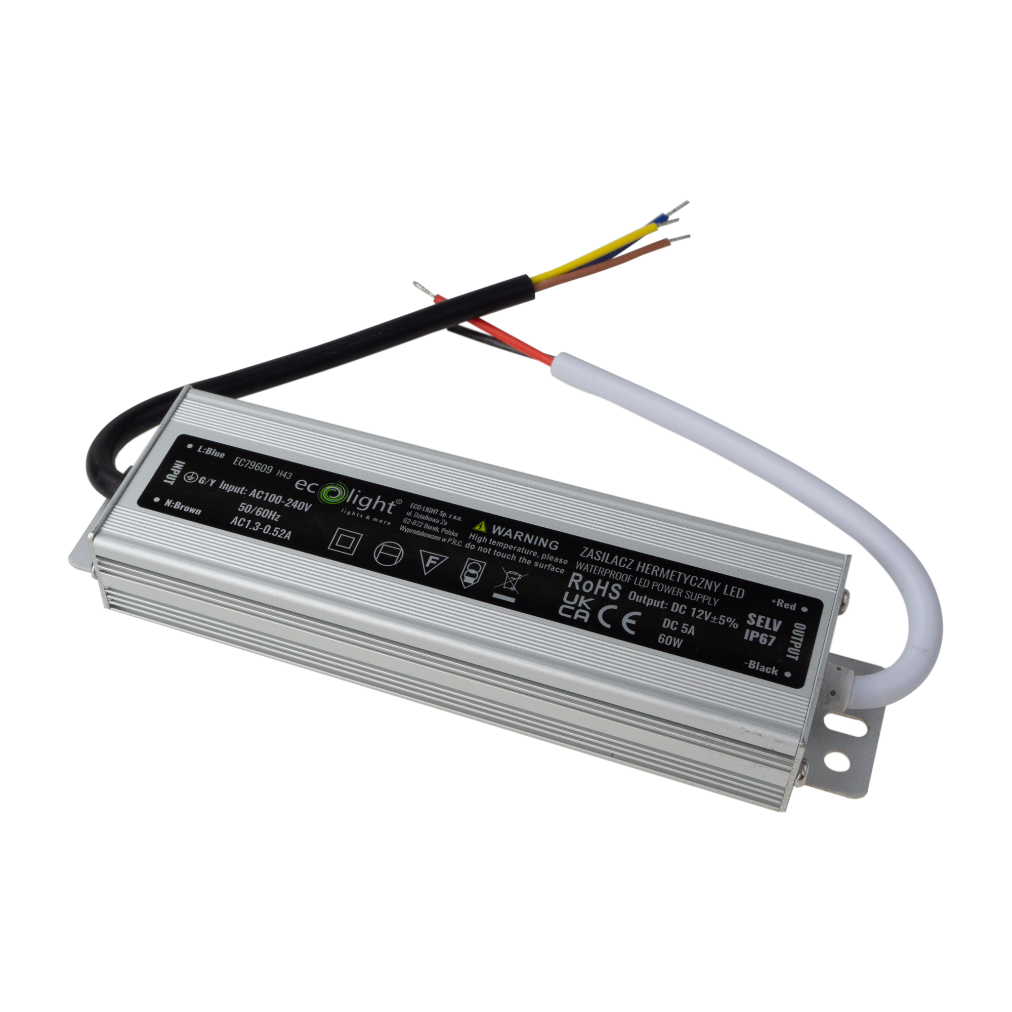 Zasilacz LED hermetyczny 60 W 12 V 5 A IP67 Eco Light EC79609