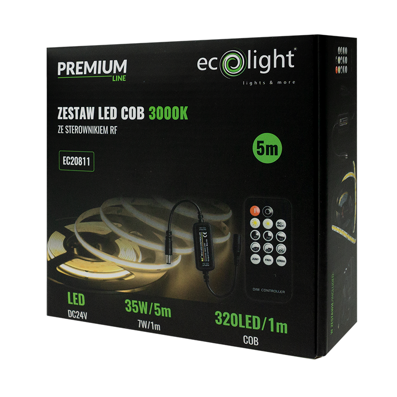 Zestaw z taśmą LED COB 320 LED/m 24 V 7 W/m 3000K 630 lm/m IP20 5 m Eco Light EC20811