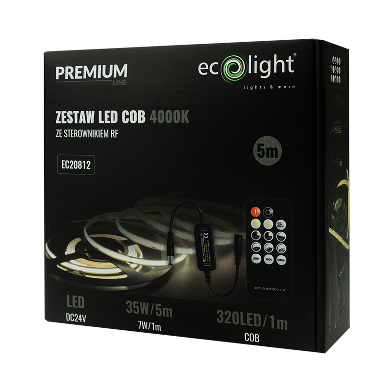 Zestaw z taśmą LED COB 320 LED/m 24 V 7 W/m 4000K 630 lm/m IP20 5 m Eco Light EC20812