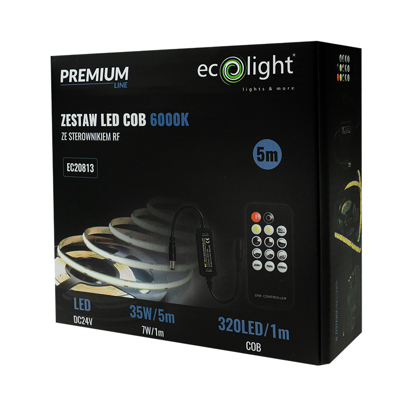 Zestaw z taśmą LED COB 320 LED/m 24 V 7 W/m 6000K 630 lm/m IP20 5 m Eco Light EC20813